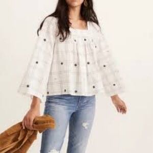 Madewell Loose Top Embroidered Windowpane Square-Neck Button-Down J8068 size S